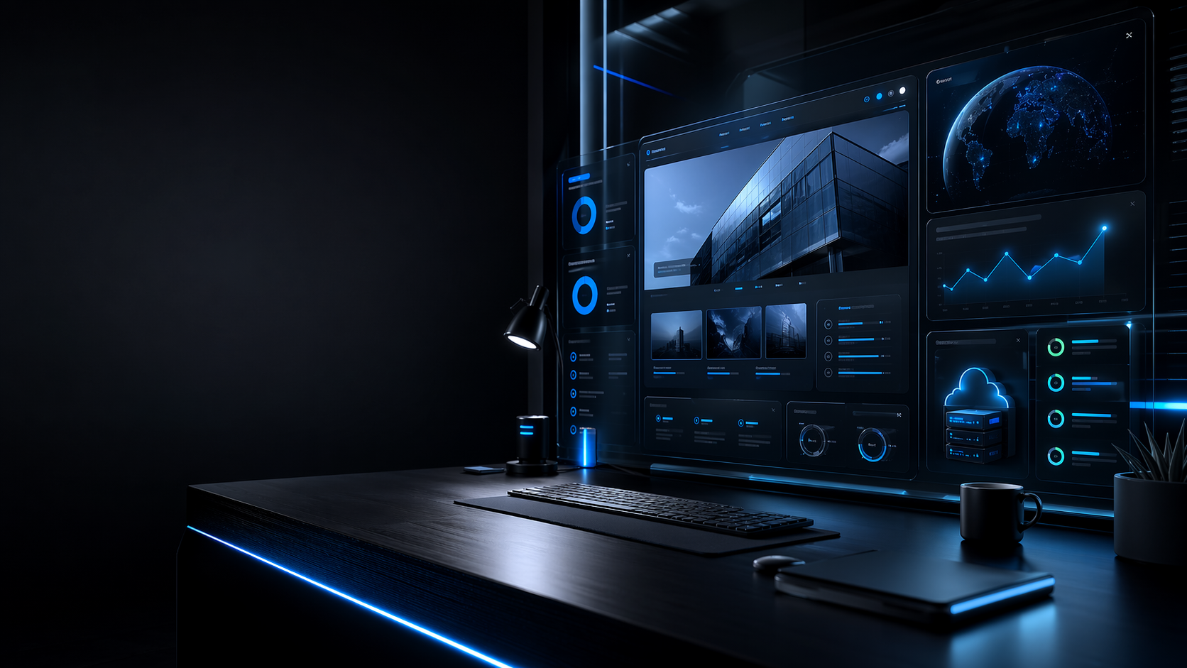 Premium dark digital workspace with website and support dashboard panels
